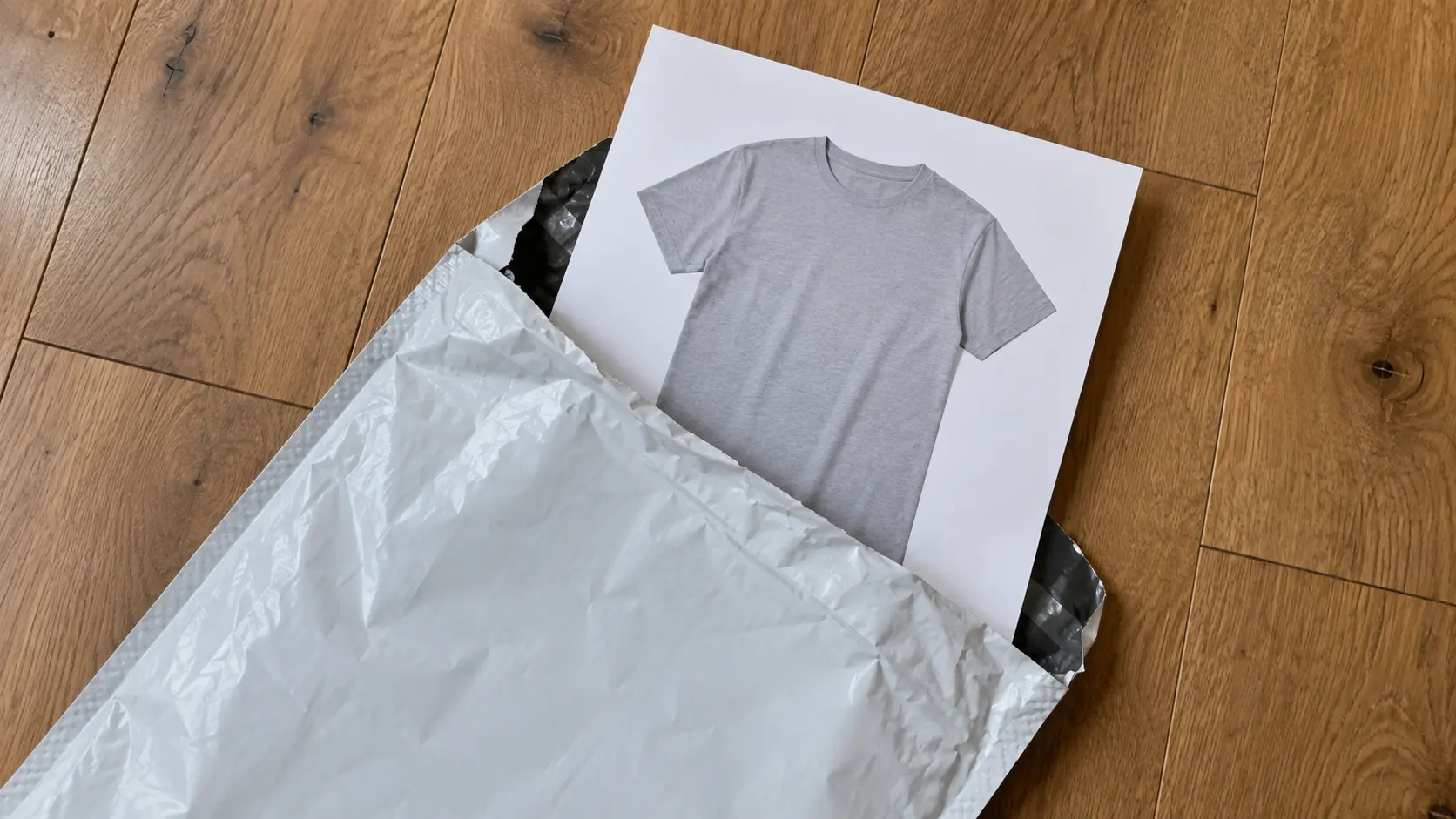 Een verzendenvelop met een afgedrukte foto van een T-shirt.
