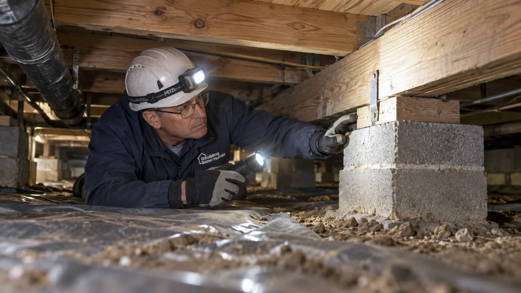 Een onderzoeker die de onderzijde van een woning inspecteert.