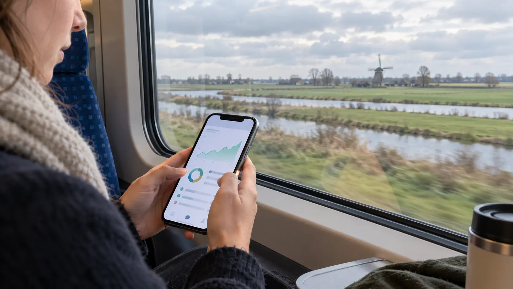 Een treinreiziger die financiële informatie op zijn telefoon bekijkt.