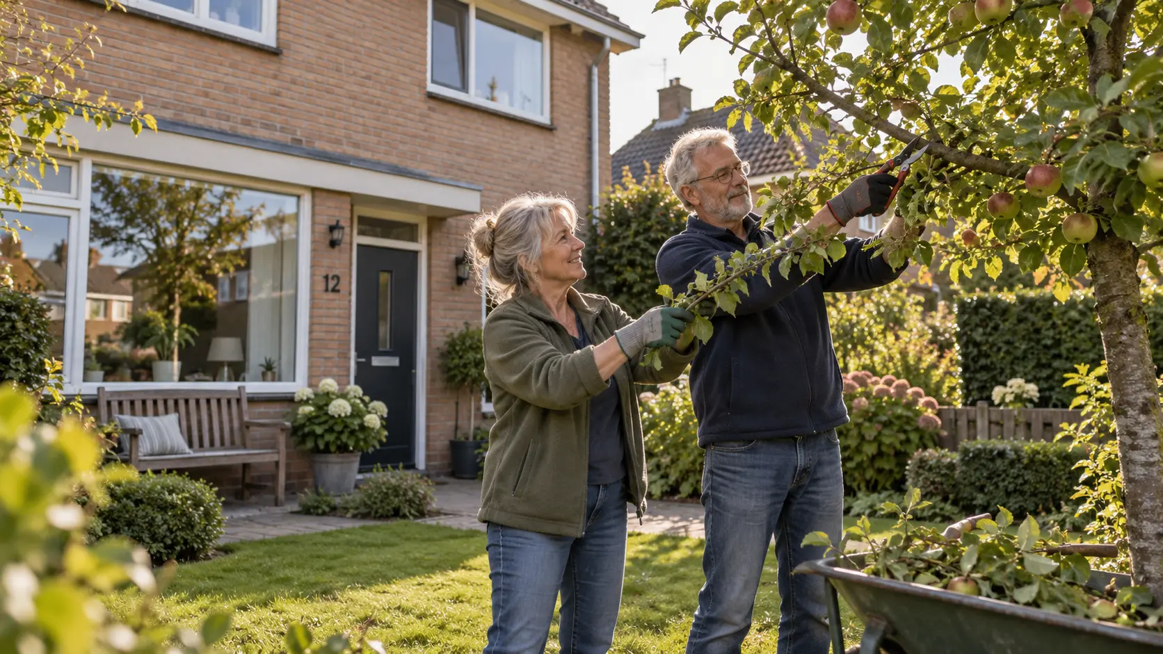 Een stel dat in de tuin van hun koopwoning werkt.