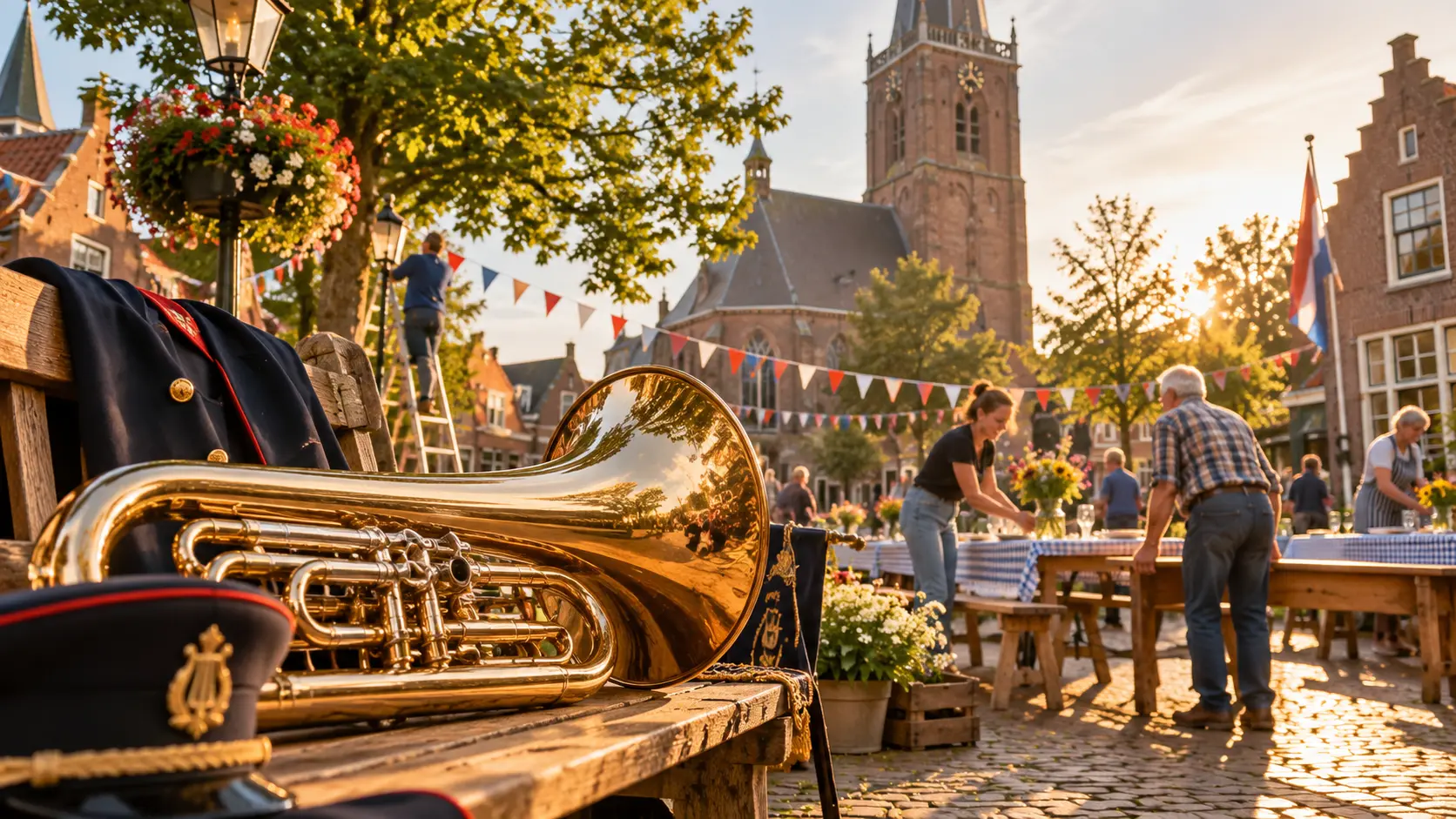 Fanfare-instrument op een dorpsplein symboliseert de echte, levende cultuur van Nederland.