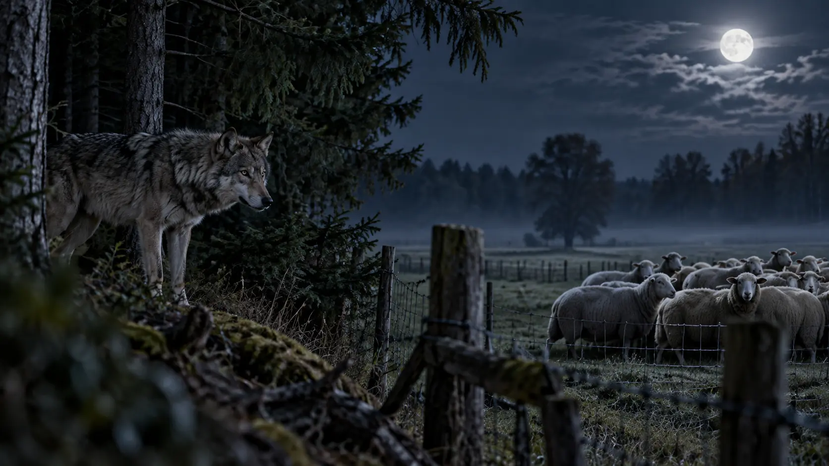 Wolf aan de rand van het bos bij een weide met schapen in Gelderland.