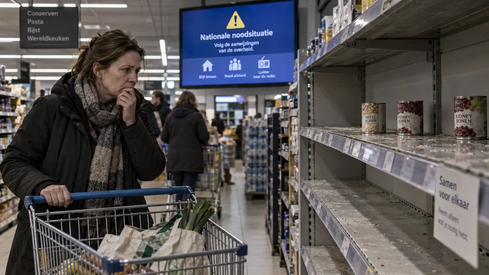 Lege schappen in een supermarkt bij het nieuws over de oproep van het kabinet om een voedselvoorraad voor acht dagen aan te leggen.