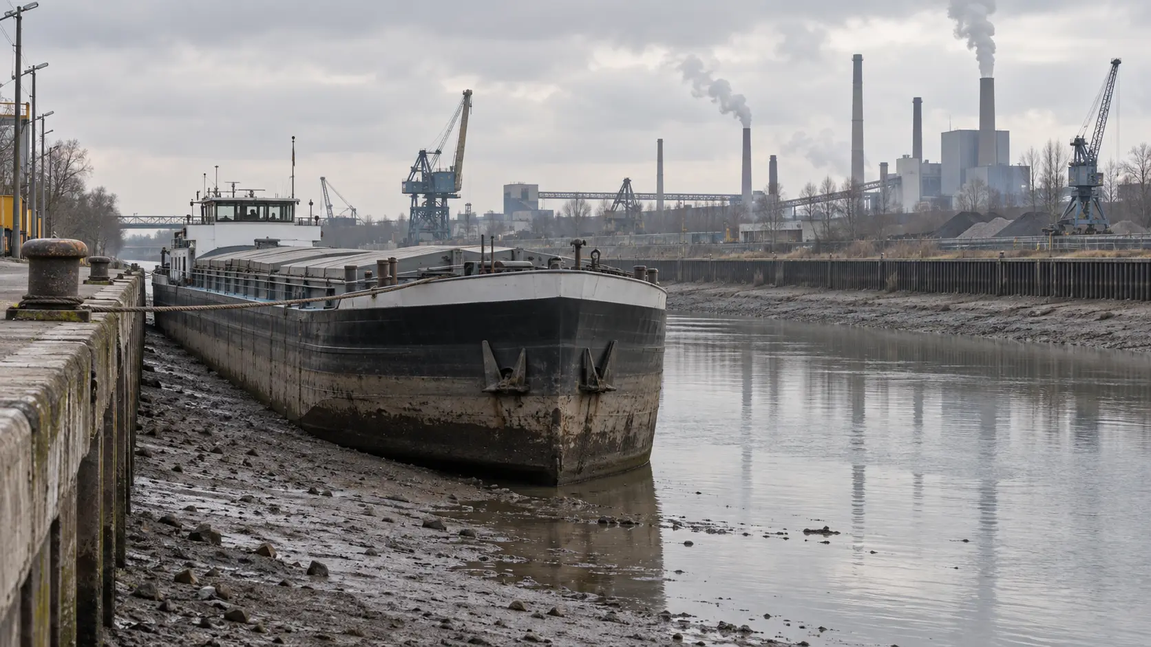 Binnenvaartschip dat vastligt langs de kade bij het Twentekanaal wegens watertekort.