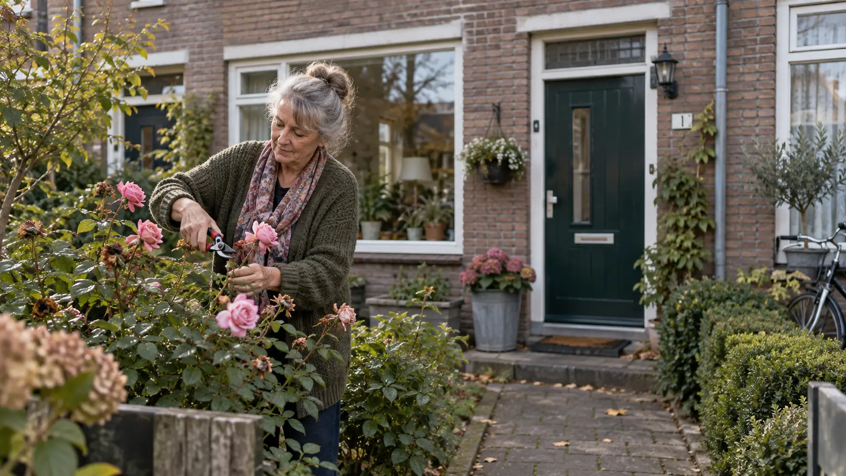 Een oudere huiseigenaar in de voortuin van een Nederlandse rijtjeswoning.
