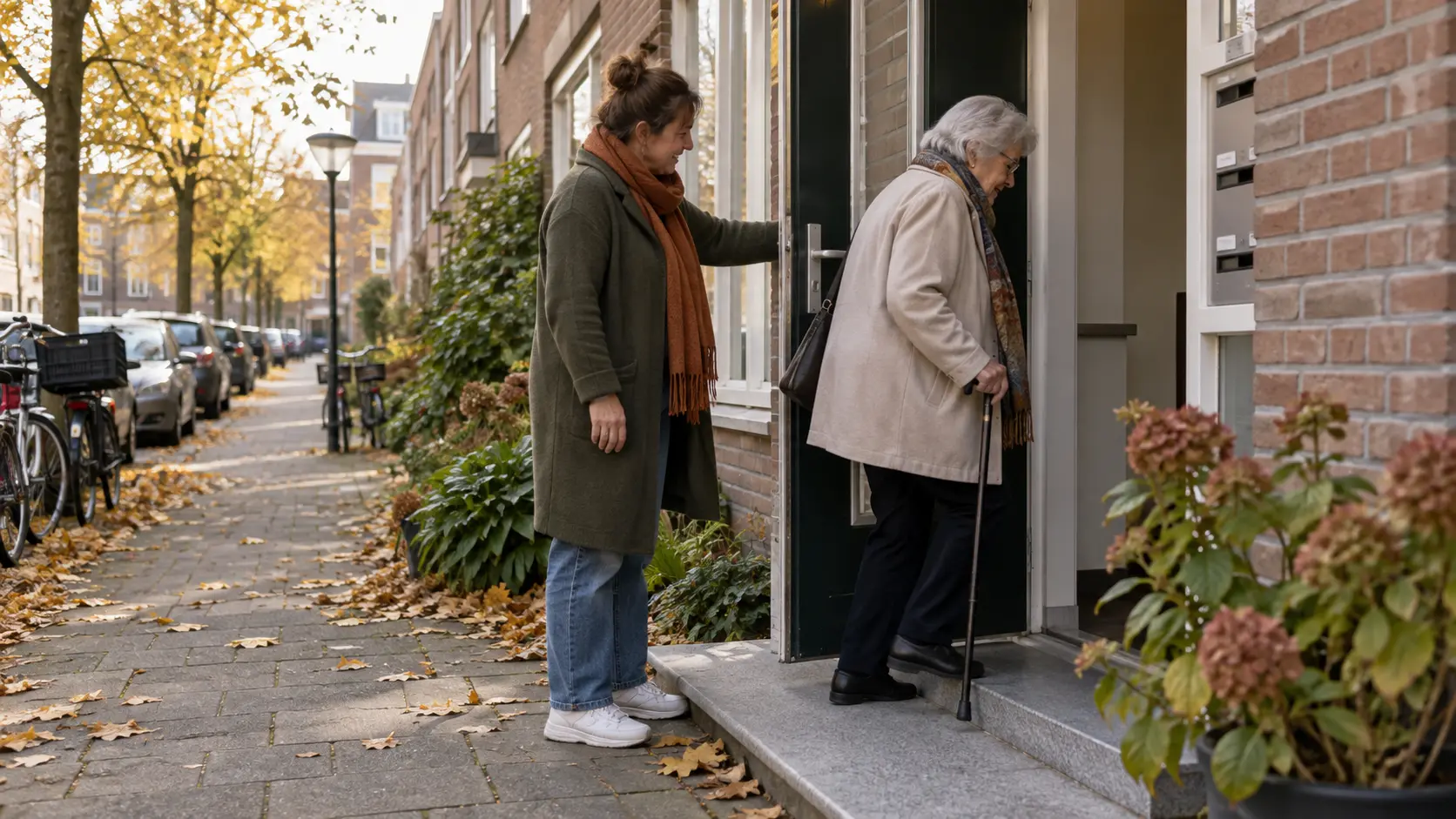 Een vrouw met een wandelstok die hulp krijgt bij een zware buitendeur.