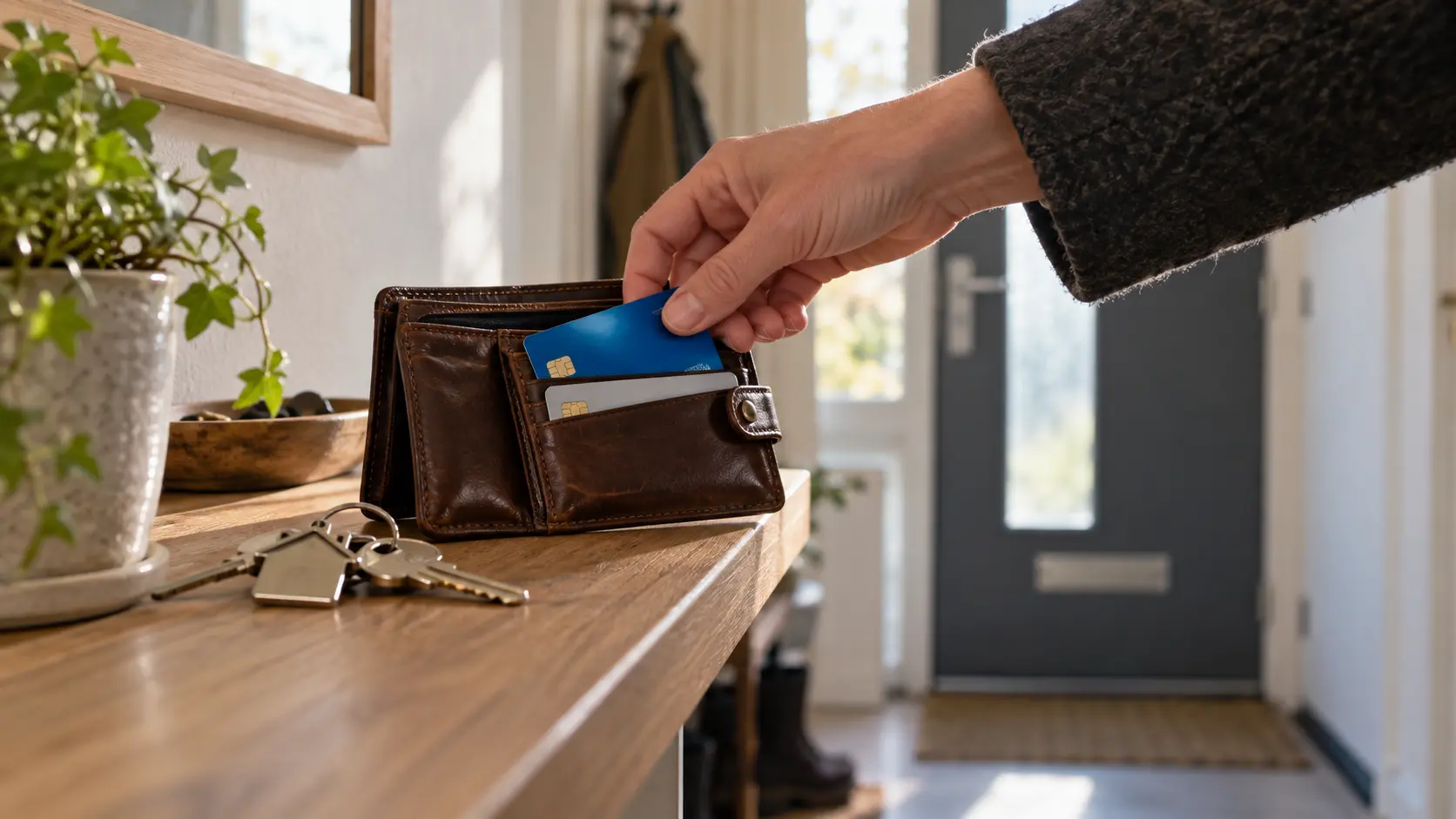 Een bankpas en huissleutel als verwijzing naar betaalbank en hypotheek.