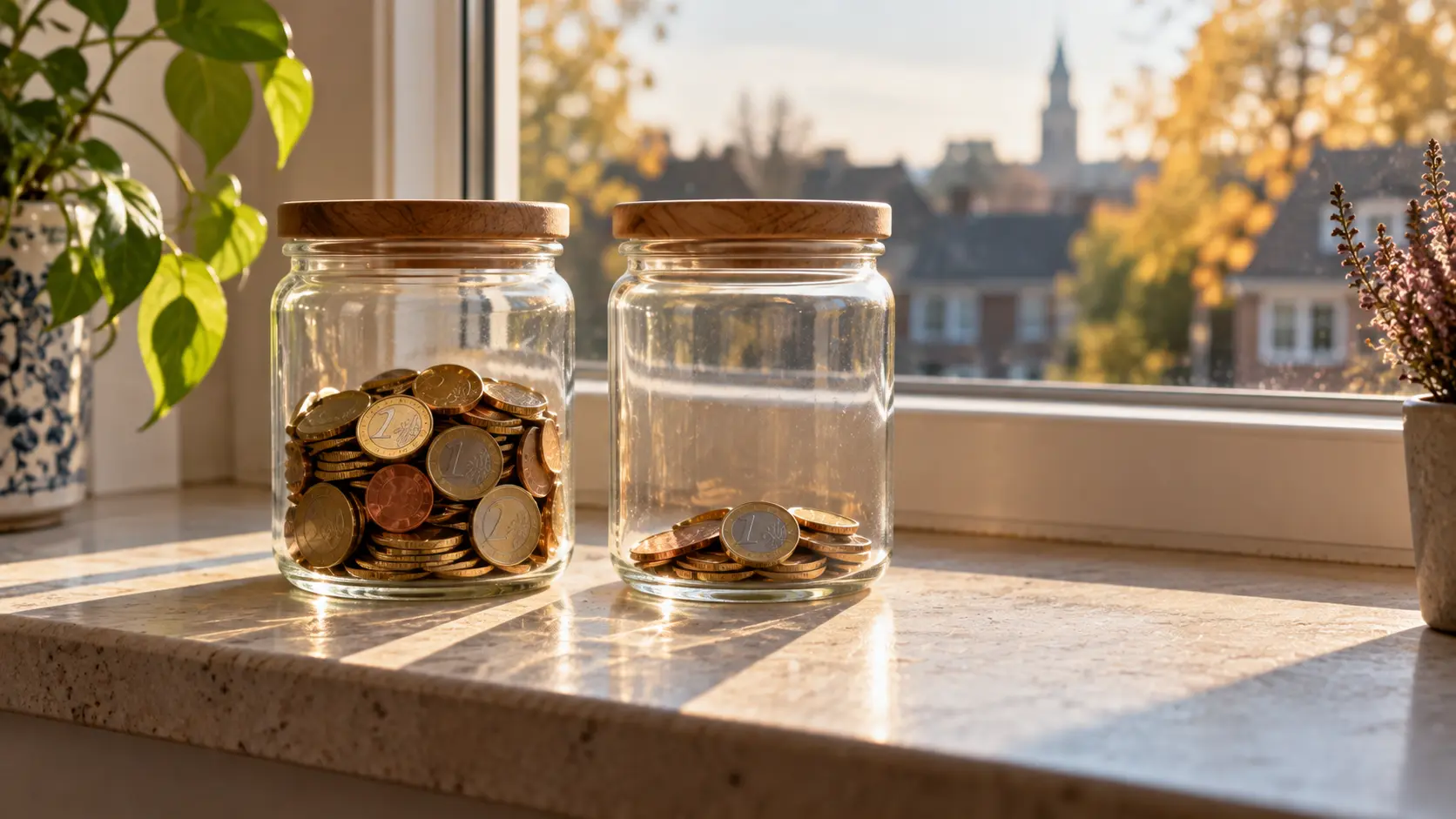 Twee potten met verschillende hoeveelheden munten als symbool voor wisselende spaarrente