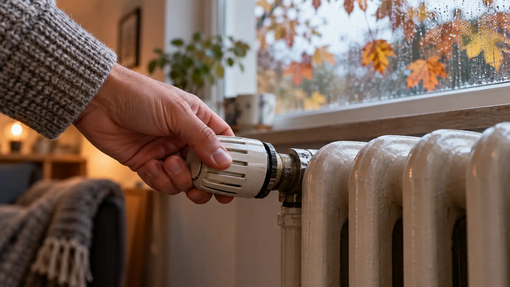 Hand draait een radiatorknop open tijdens een koele herfstdag.