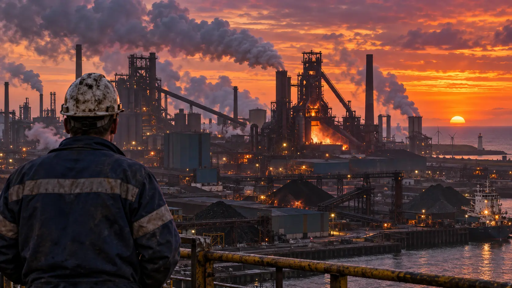 Staalarbeider met helm kijkt uit over het industriële complex van Tata Steel in IJmuiden.