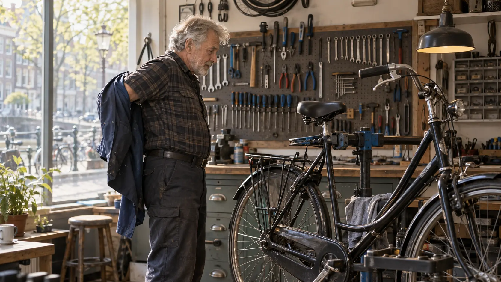 Een oudere fietsenmaker die zijn werk onderbreekt en zijn jas uittrekt.