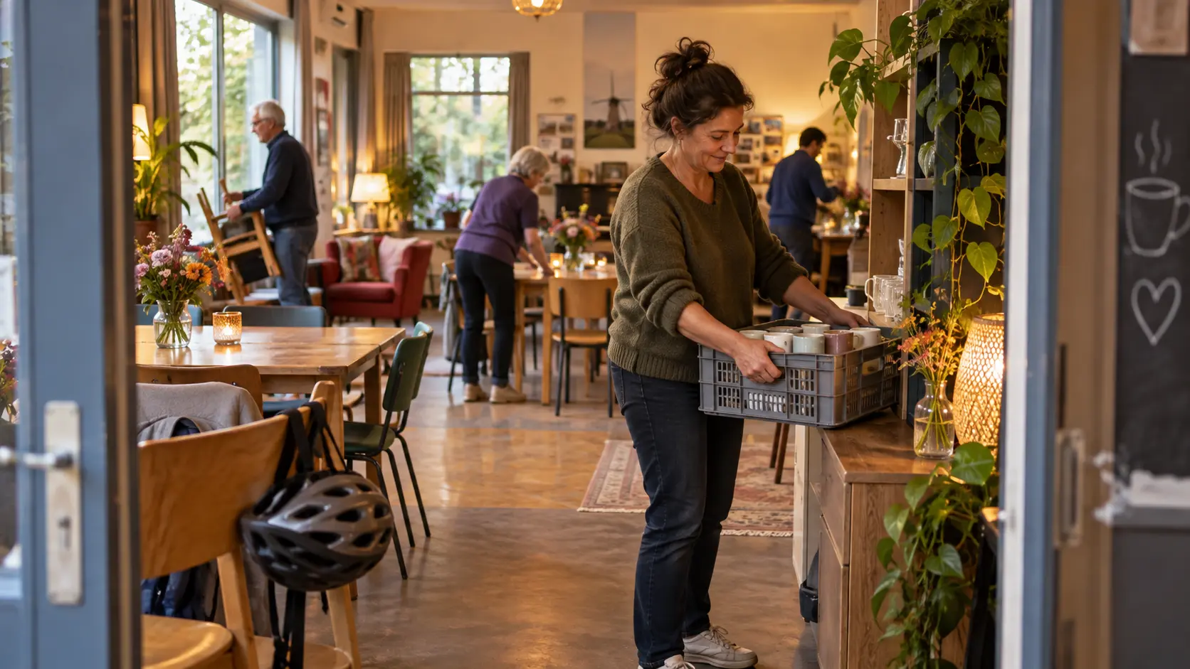 Een vrijwilliger die na een activiteit koffiekopjes opruimt in een buurthuis.