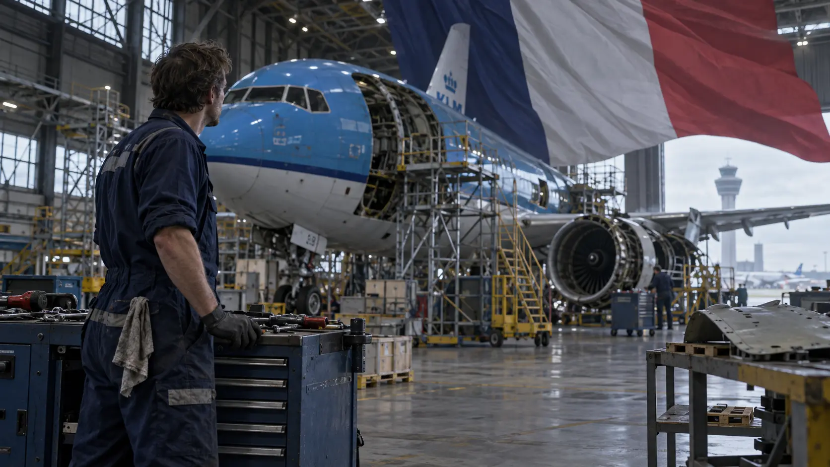 Monteur in een vliegtuigonderhoudshal op Schiphol bij de dreigende ontmanteling van KLM.