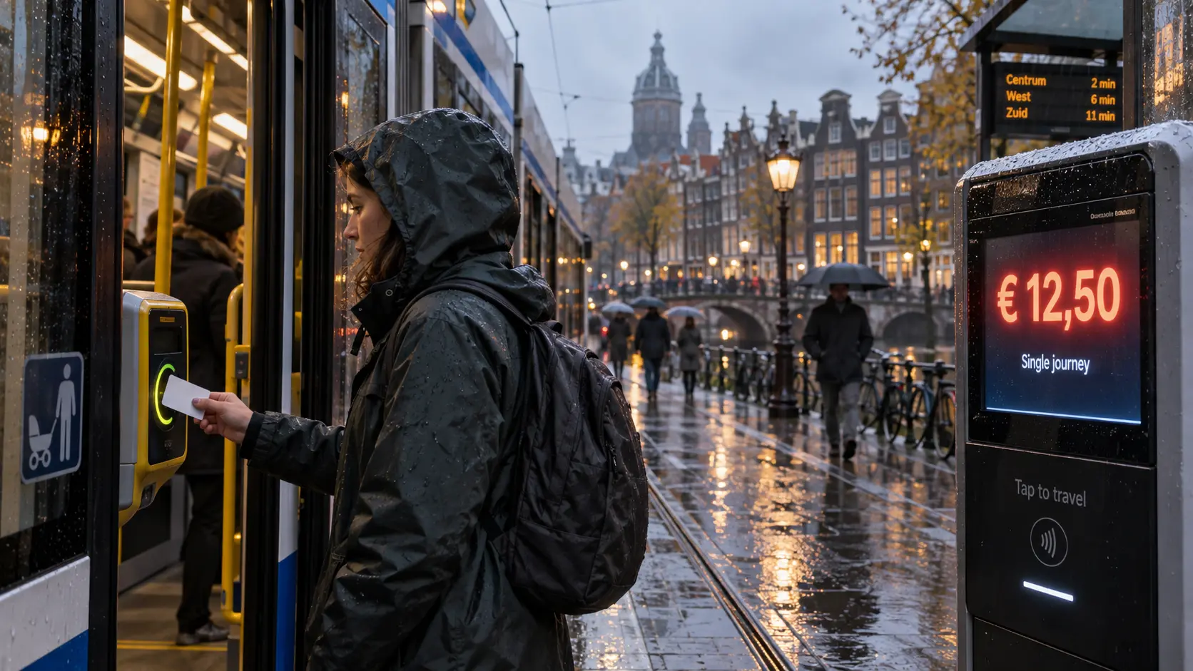 Reiziger checkt in bij een Amsterdamse tram van het GVB bij regenachtig weer.