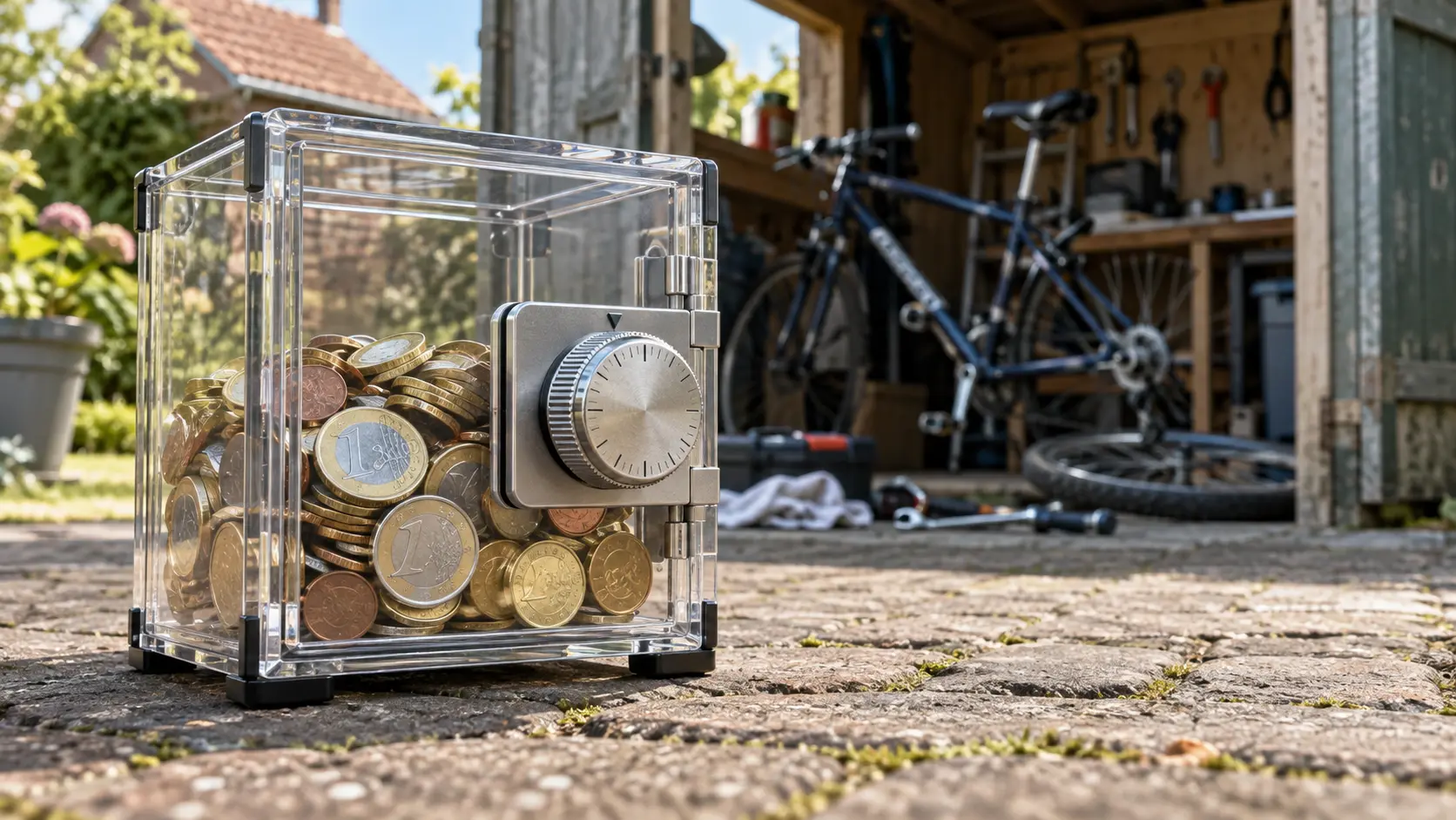 Epaargeld achter een tijdslot, met een fietsreparatie op de achtergrond.