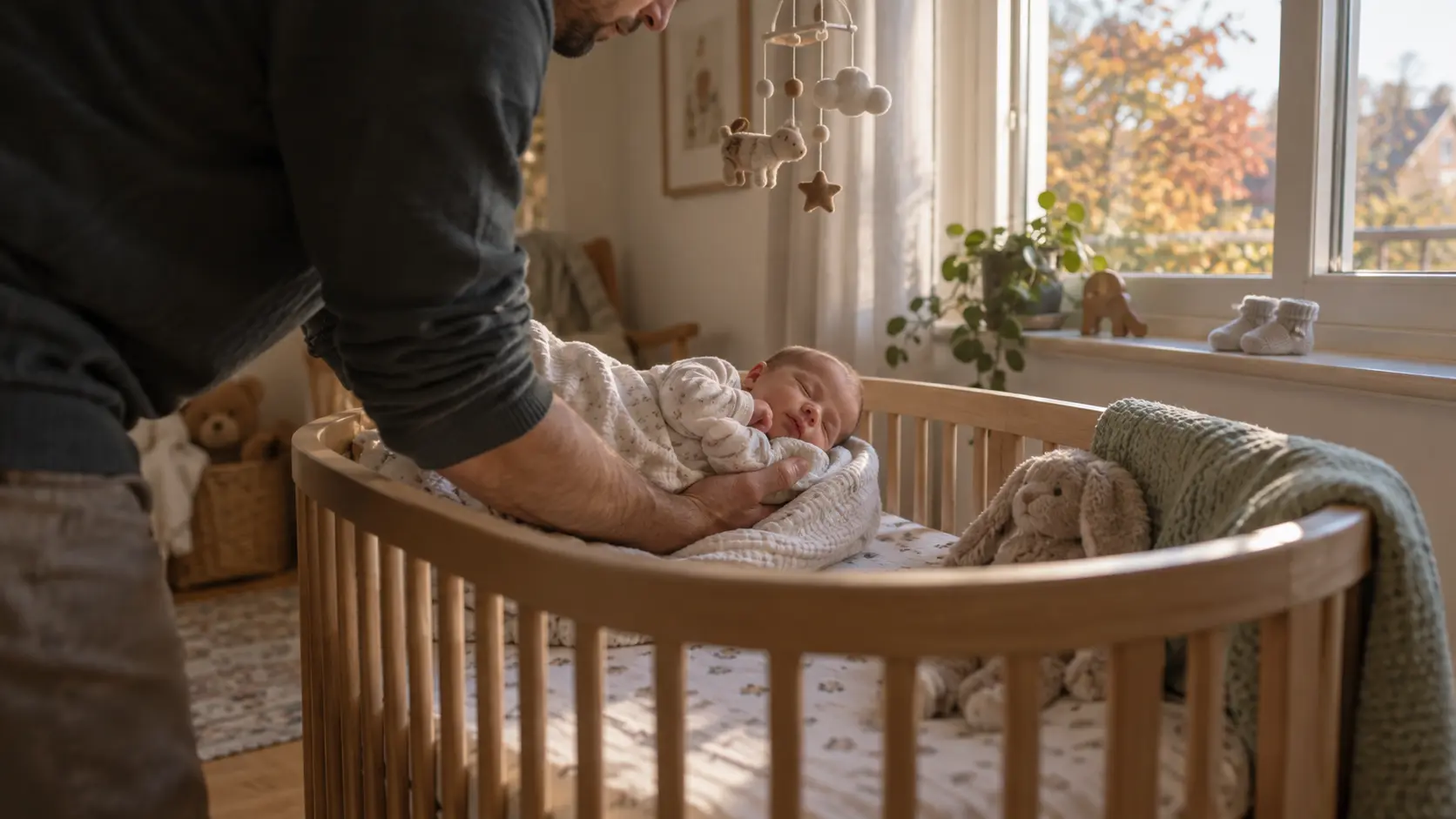 Een vader die een pasgeboren baby in een wieg legt op een herfstochtend.