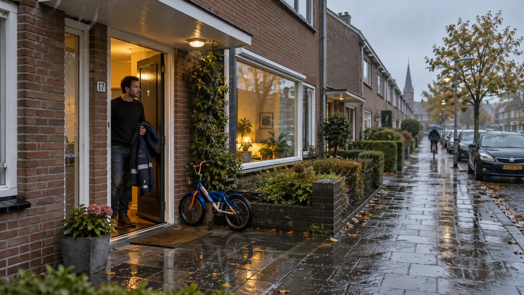 Een bewoner in de deuropening van een Nederlands rijtjeshuis.