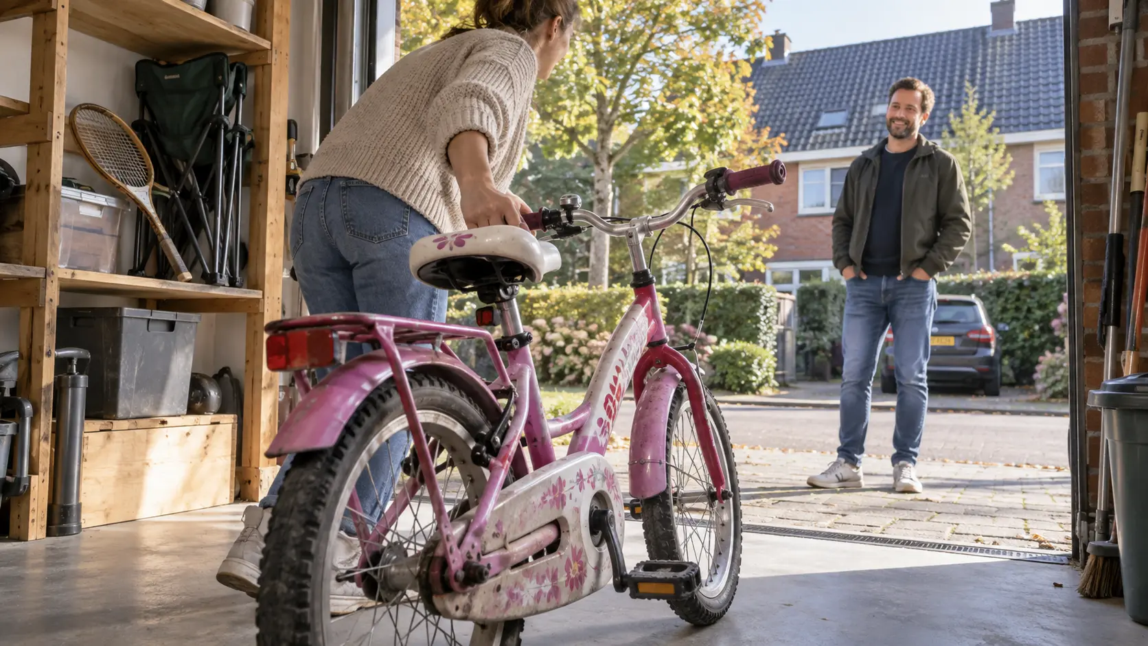 Gebruikte kinderfiets wordt vanuit een garage aan een koper overhandigd.