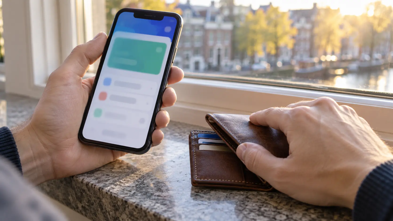 Spaarder gebruikt een bankapp op een smartphone naast een leren portemonnee.