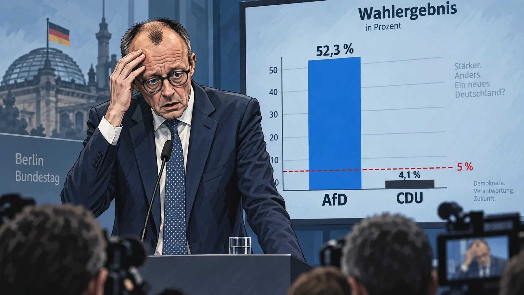 Friedrich Merz reageert aangeslagen op de verpletterende verkiezingsuitslag in Mecklenburg-Voor-Pommeren.