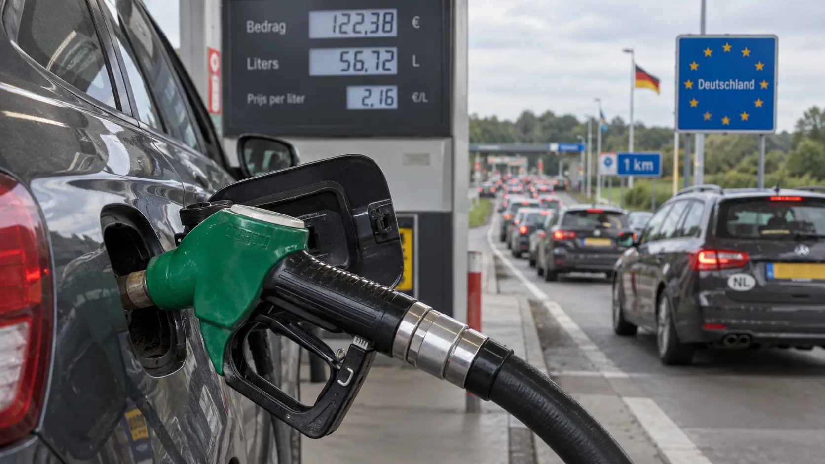 Een auto wordt volgetankt bij een Nederlands tankstation nabij de grens.
