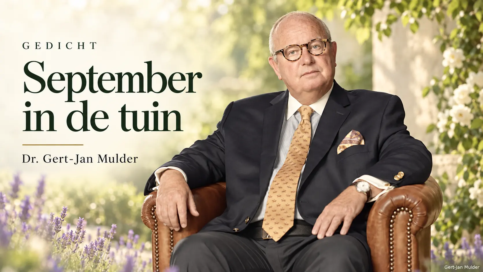 Portret van dr. Gert-Jan Mulder tegen een lichte tuinachtergrond bij zijn gedicht ‘September in de tuin’.