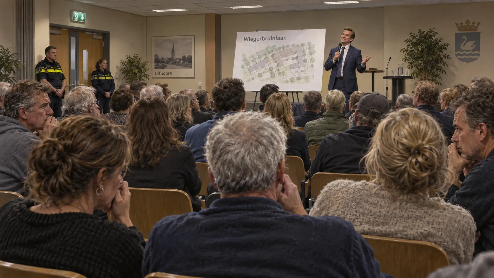Bewonersbijeenkomst over de omstreden asielopvang aan de Wiegerbruinlaan in Uithoorn.