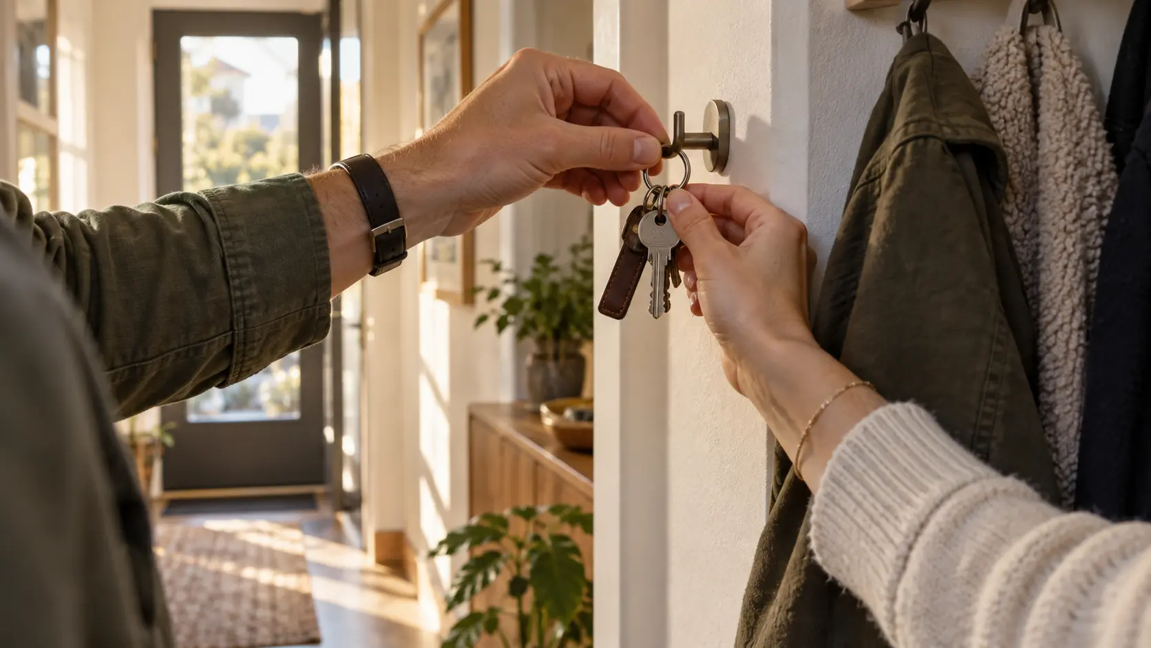 Samenwonende partners die de sleutels van hun woning ophangen.