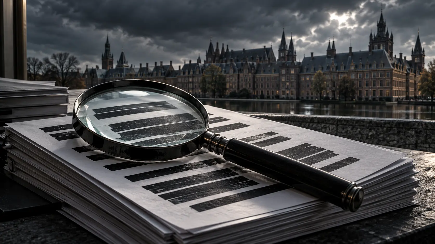 Illustratie van onderzoeksrapporten onder een vergrootglas met het Binnenhof op de achtergrond.
