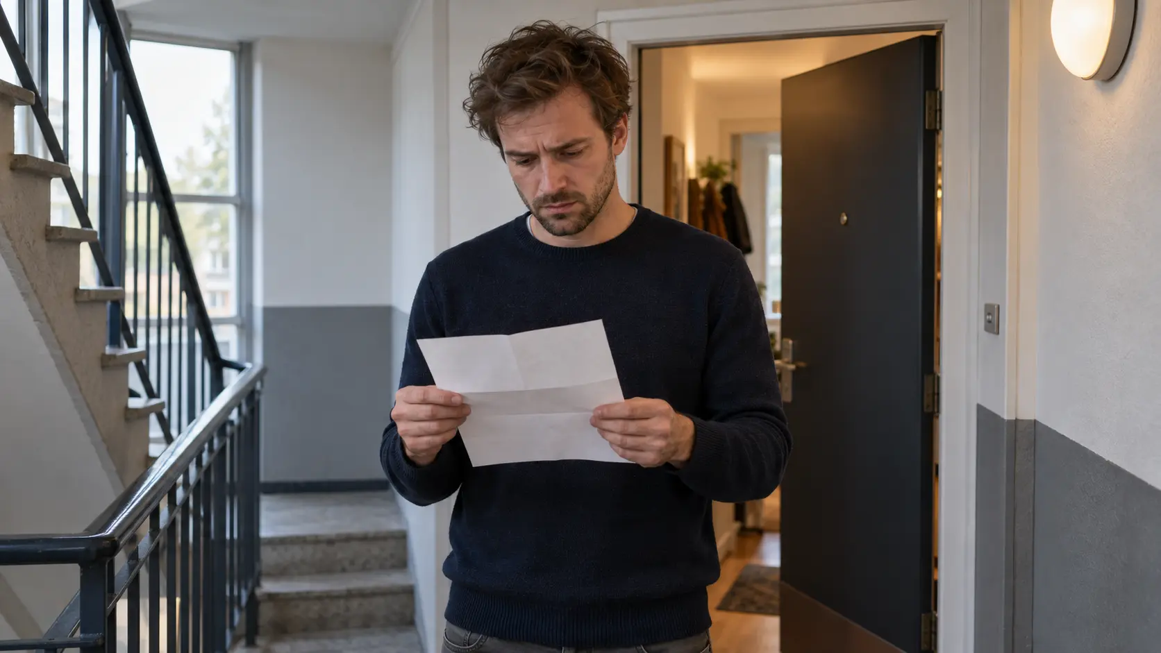 Man staat in het trappenhuis van een appartementengebouw met een geopende brief in zijn hand