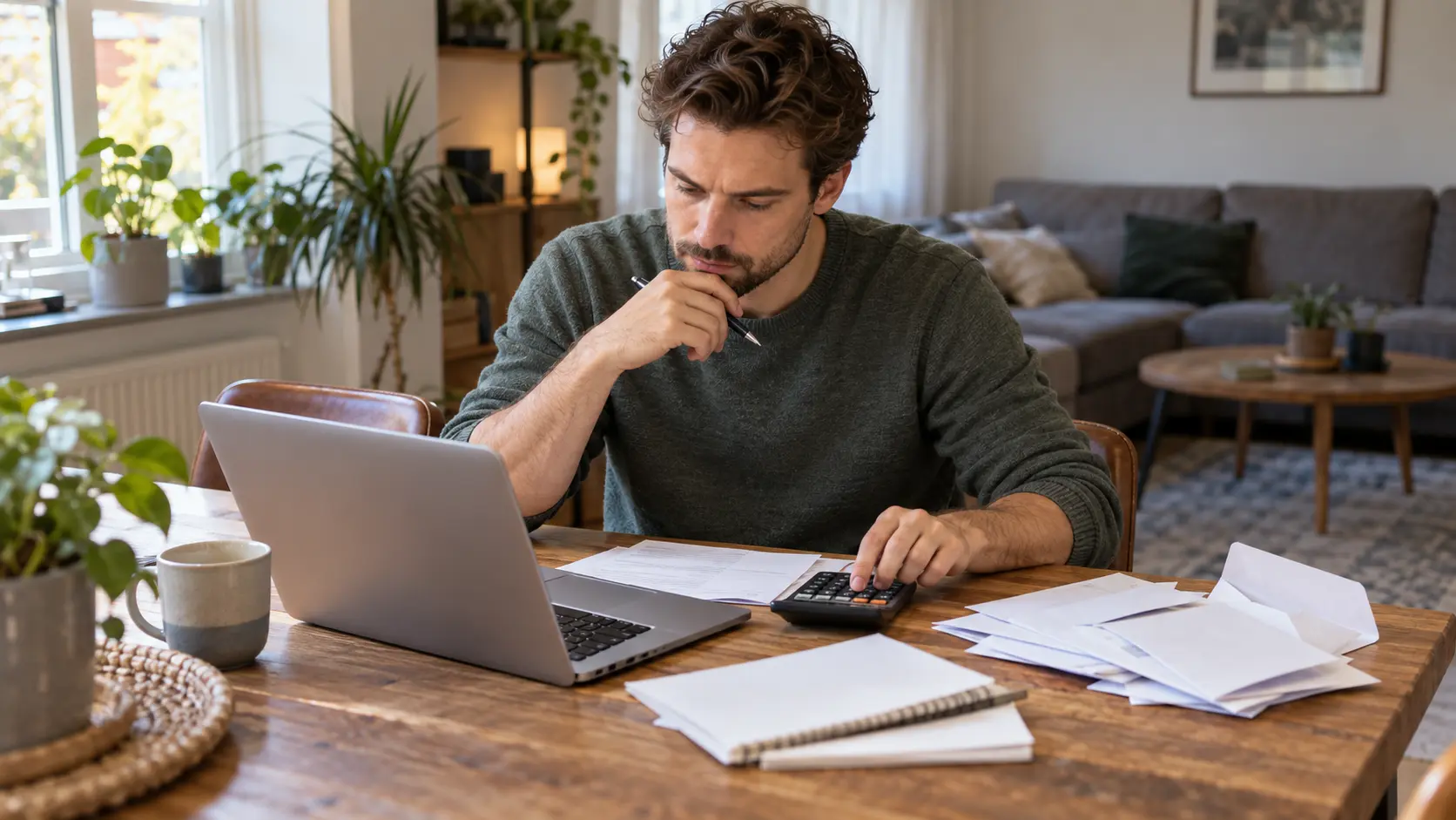 Man van begin dertig rekent aan de eettafel met een laptop en rekenmachine