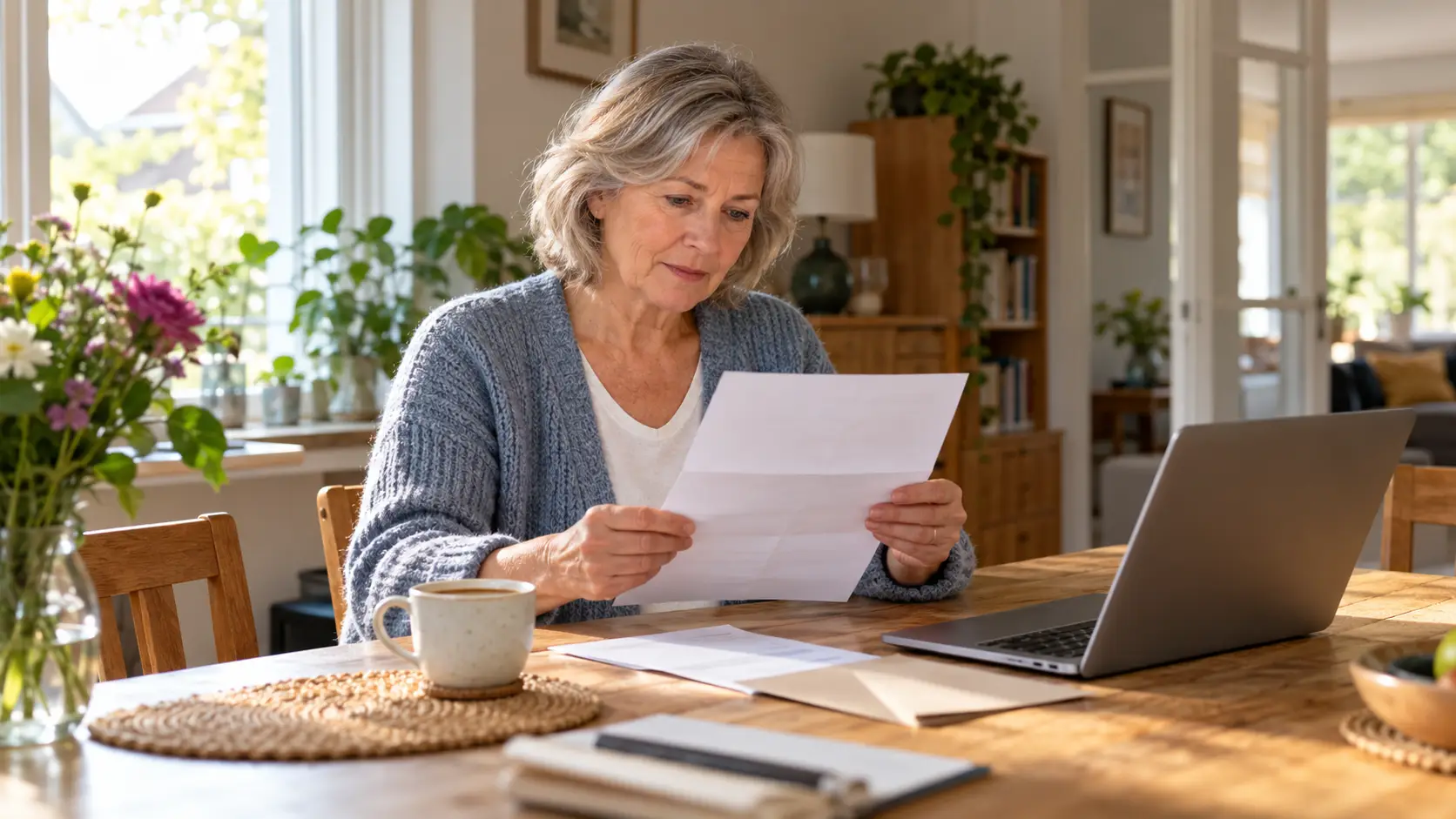 Vrouw van begin zestig leest aan de eettafel een brief, met een laptop en een kop koffie naast zich