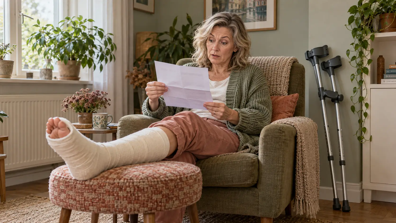 Vrouw met haar been in het gips leest thuis een brief, met krukken tegen de muur
