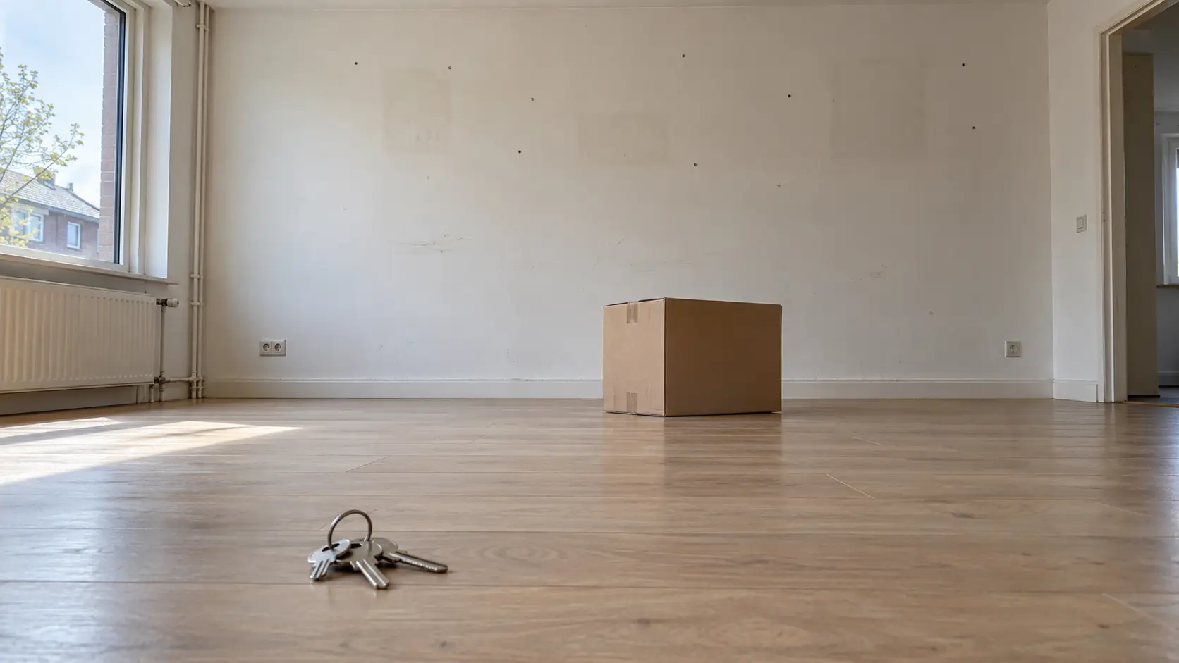 Lege kamer met witte muren, een verhuisdoos en sleutels op de houten vloer