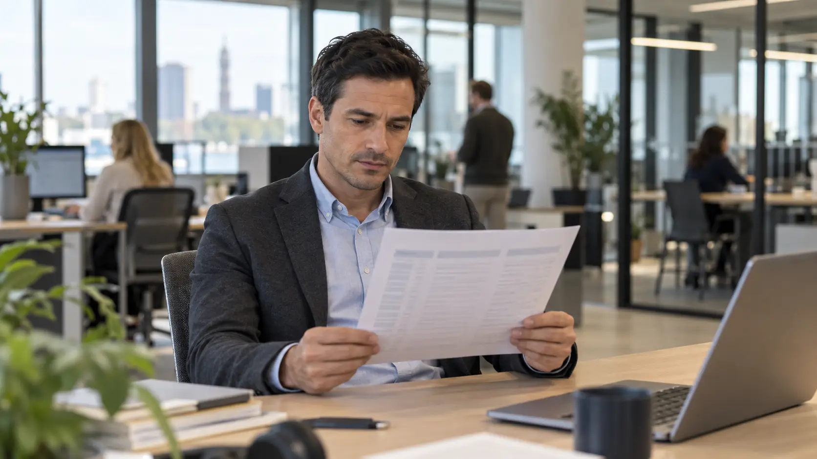 Man aan een bureau in een kantoor leest een lijst met vacatures