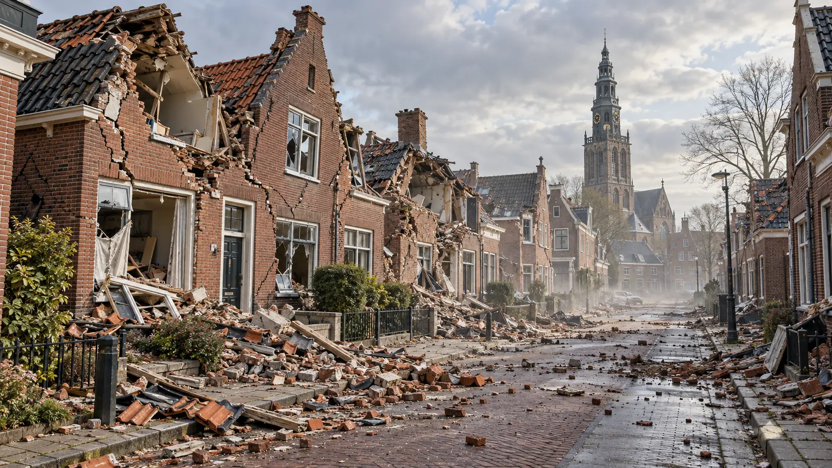 Fictieve voorstelling van zwaar beschadigde woningen en puin in een Groningse straat na een aardbeving.