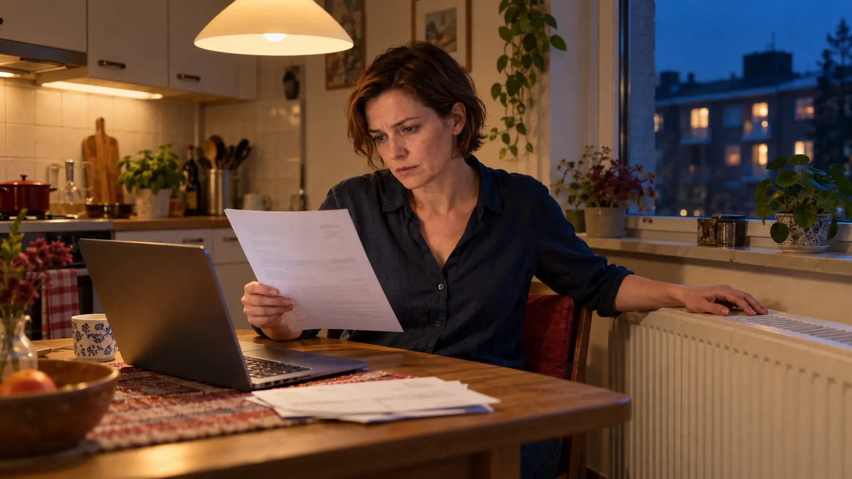 Vrouw aan de keukentafel bekijkt haar energierekening, naast een radiator.