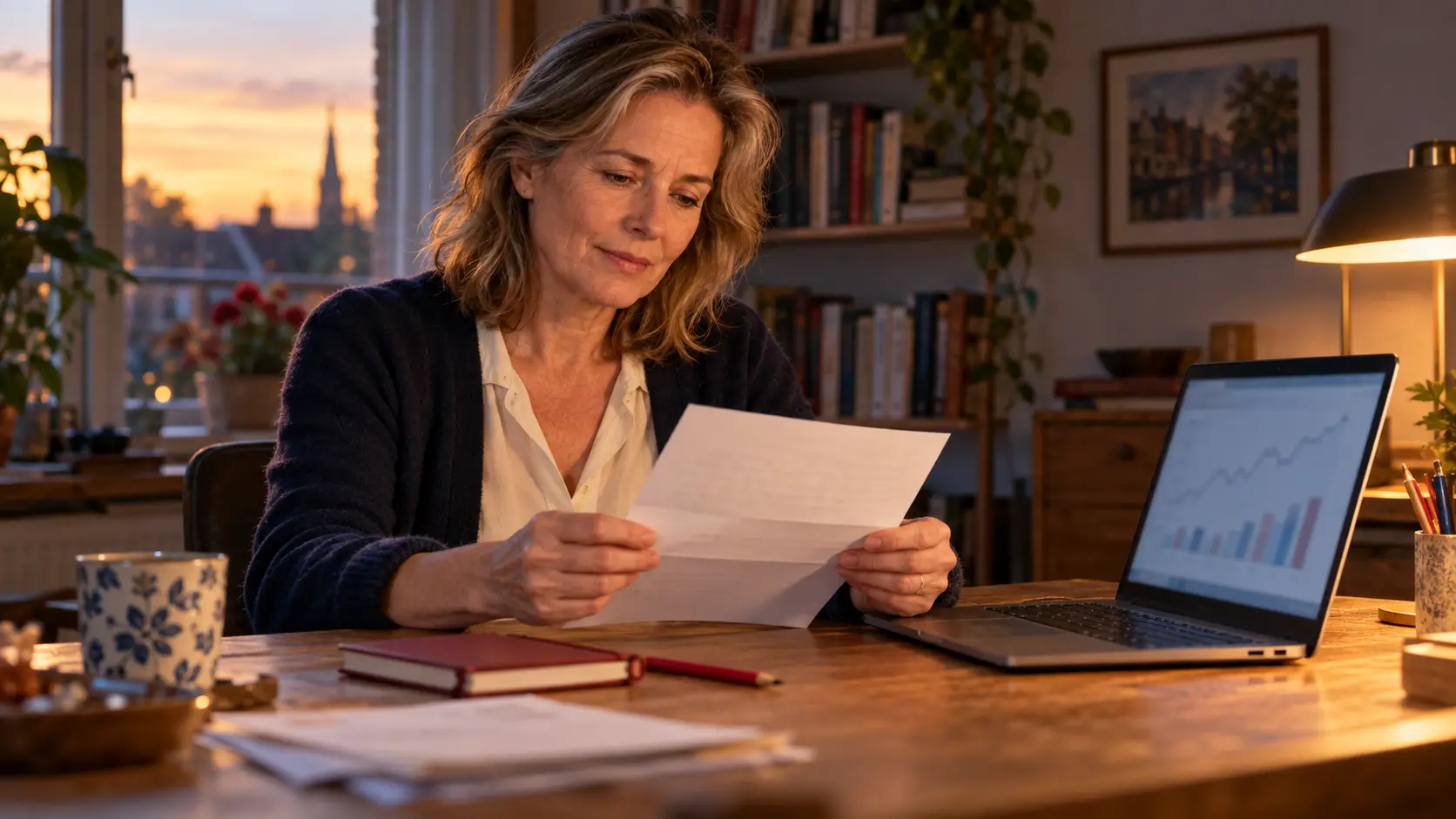Vrouw van middelbare leeftijd leest aan haar bureau een brief over haar pensioen.