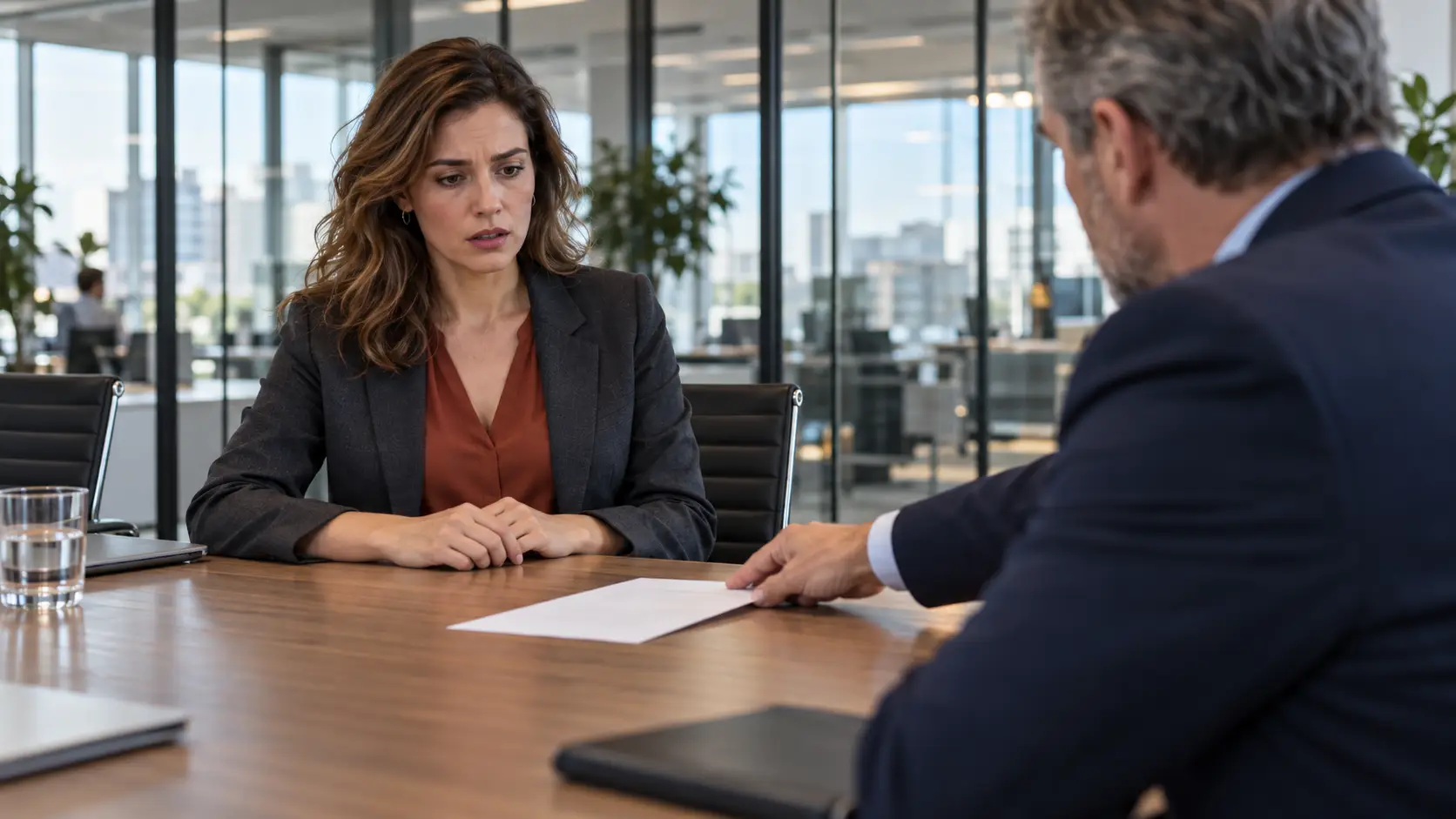 erknemer krijgt aan tafel een document van haar leidinggevende.
