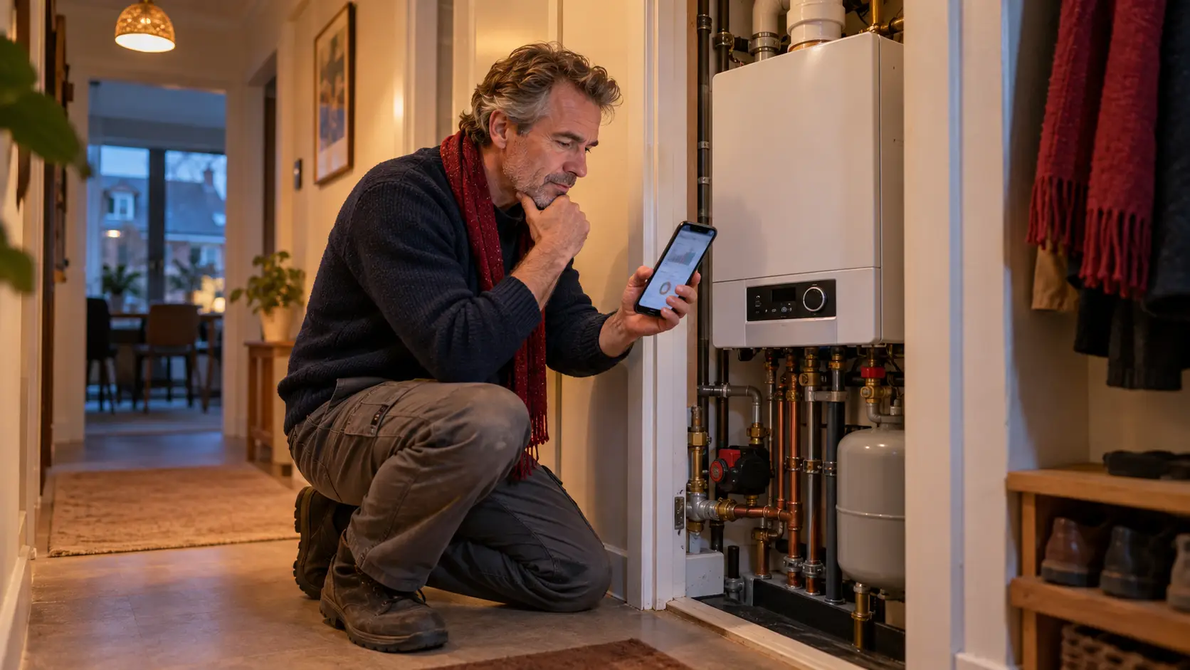Man bij de cv-ketel vergelijkt energietarieven op zijn telefoon.