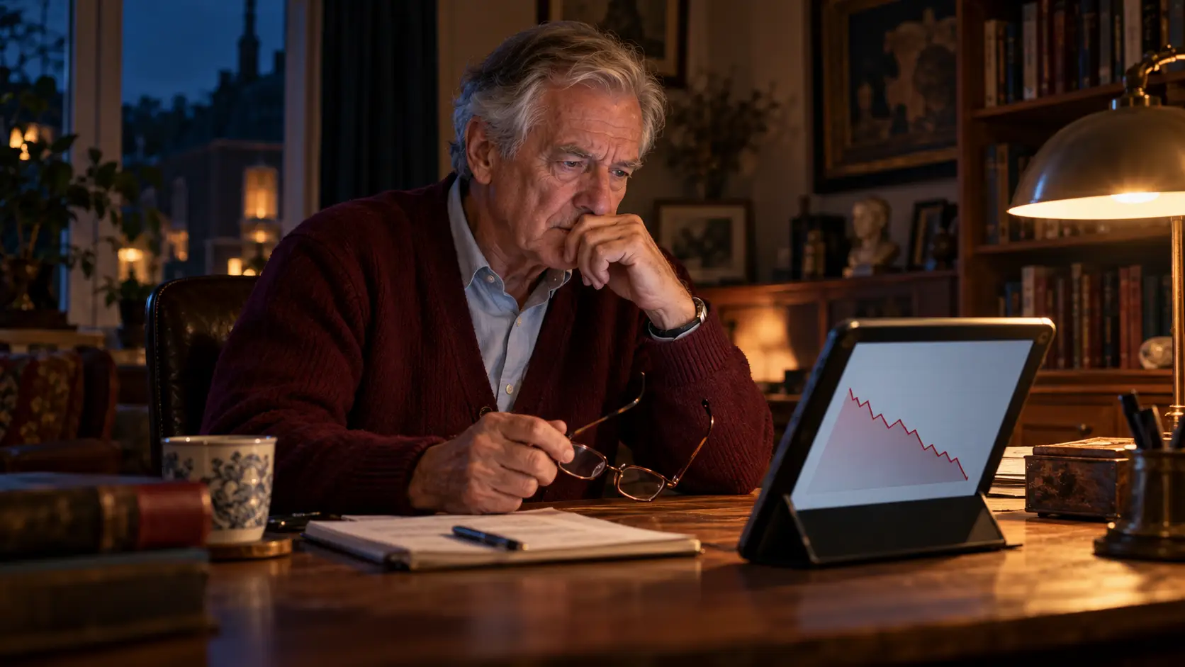 Man van eind zestig kijkt thuis naar een pensioenoverzicht op een tablet