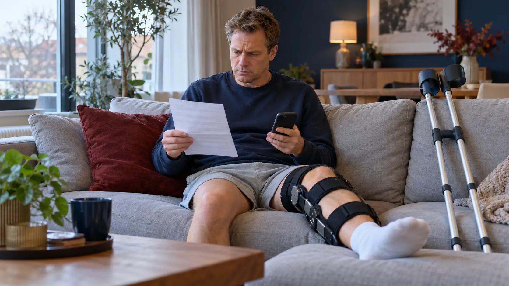 Man met kniebrace op de bank leest een brief, krukken tegen de bank