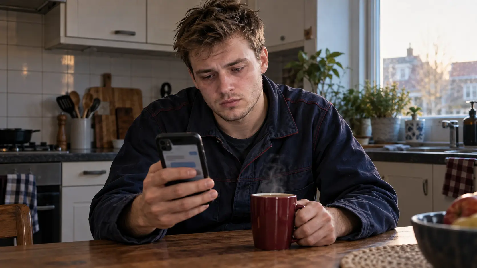Jonge man in werkkleding thuis aan de keukentafel met telefoon, zichtbaar niet fit