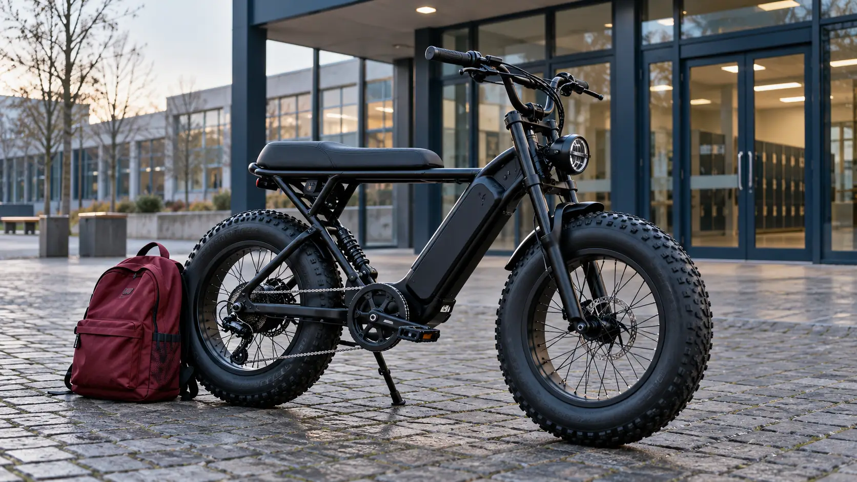 Een zwarte fatbike en schooltas bij de ingang van een middelbare school.