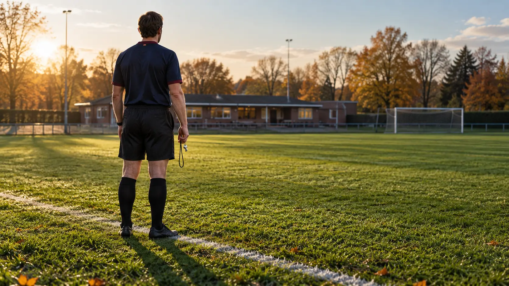 Een vrijwillige scheidsrechter langs de zijlijn van een voetbalveld.