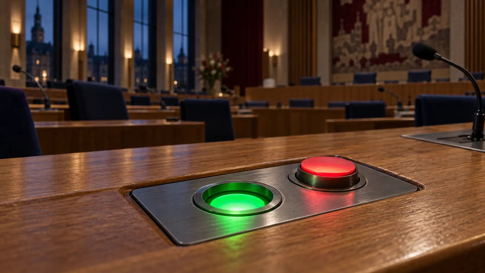 Stemknoppen in een gemeentelijke raadszaal bij het besluit over asielopvang.