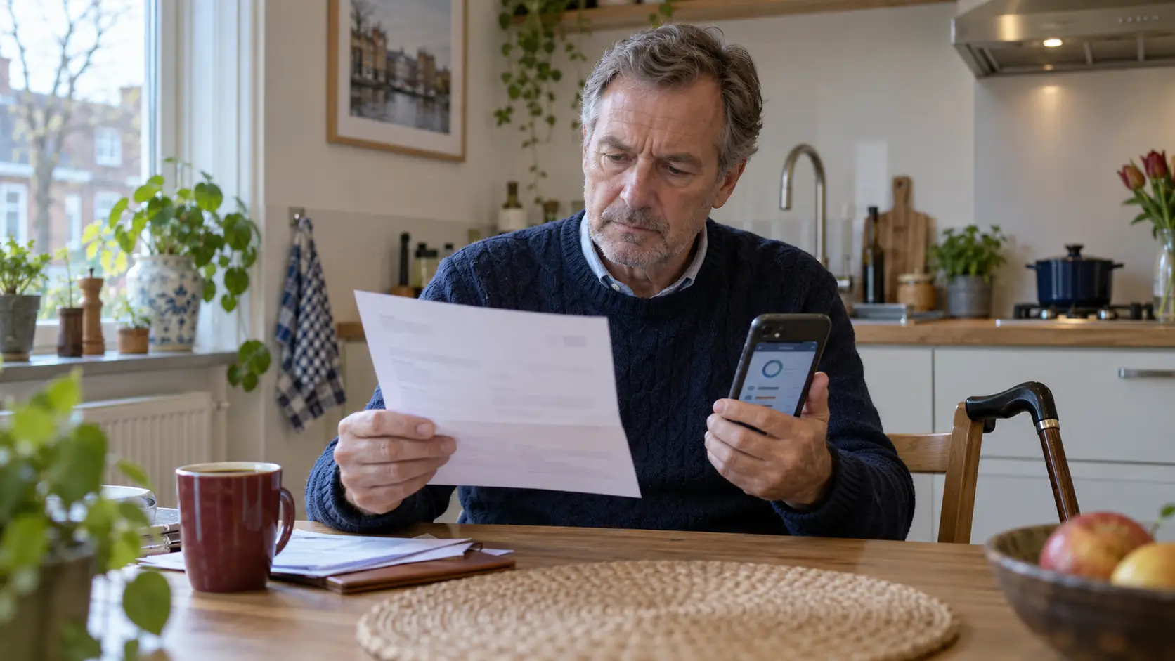 Man aan de keukentafel bekijkt een uitkeringsbrief en zijn telefoon, met een wandelstok naast zijn stoel.