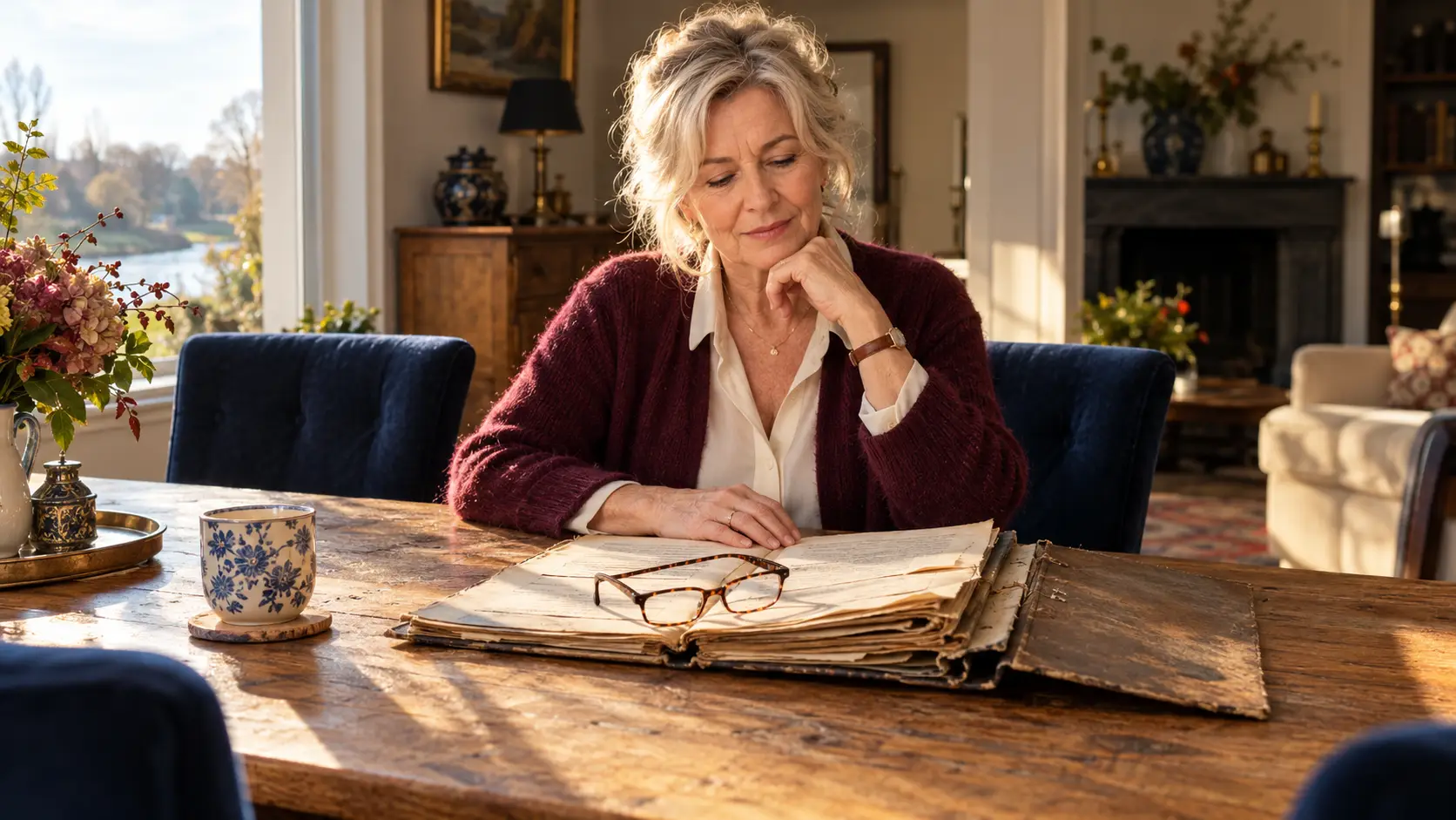 Vrouw aan de eettafel bekijkt een oude map documenten, met een leesbril op de papieren.