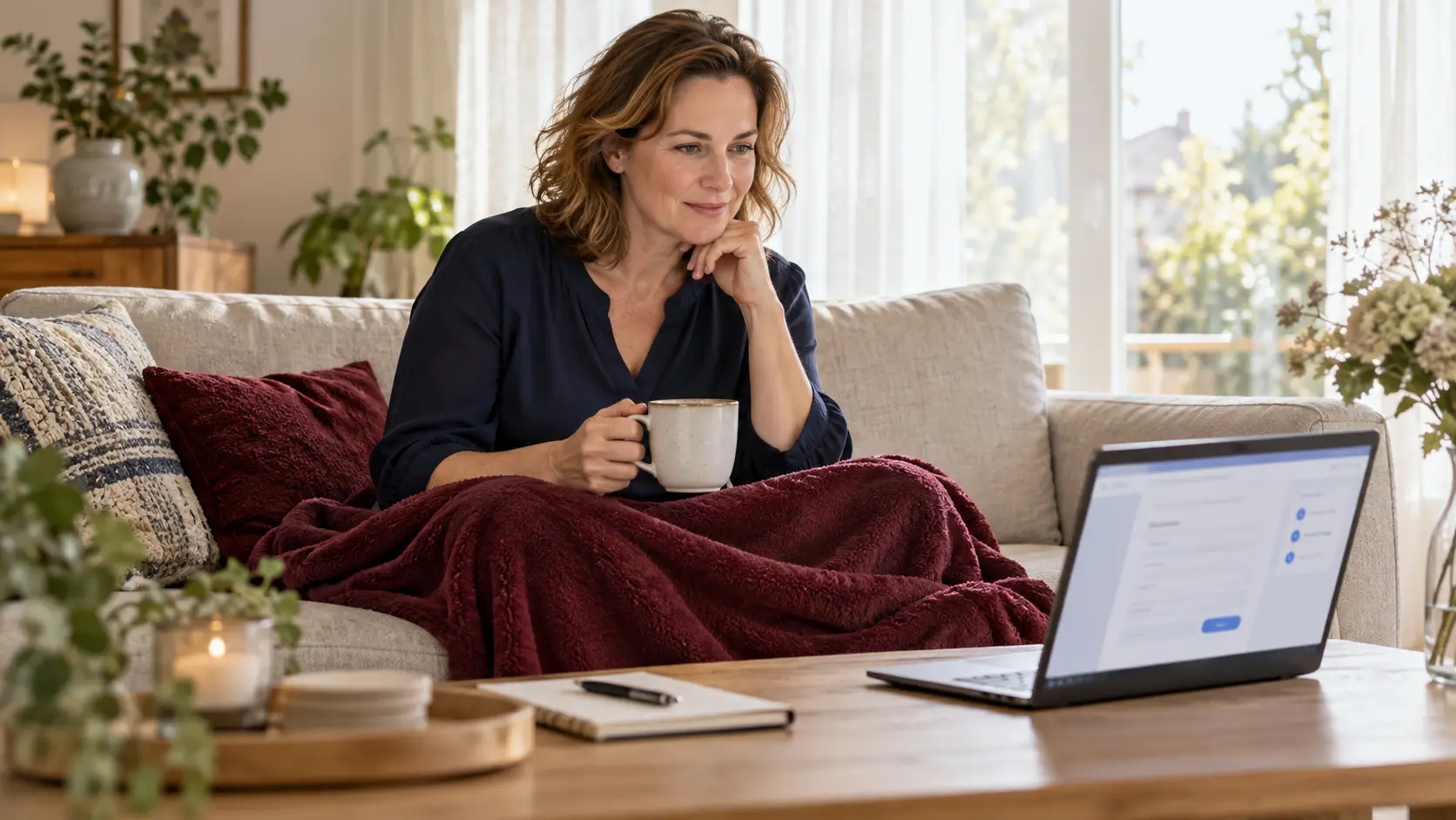 Vrouw onder een deken op de bank bekijkt een declaratieformulier op haar laptop, met thee in haar hand.