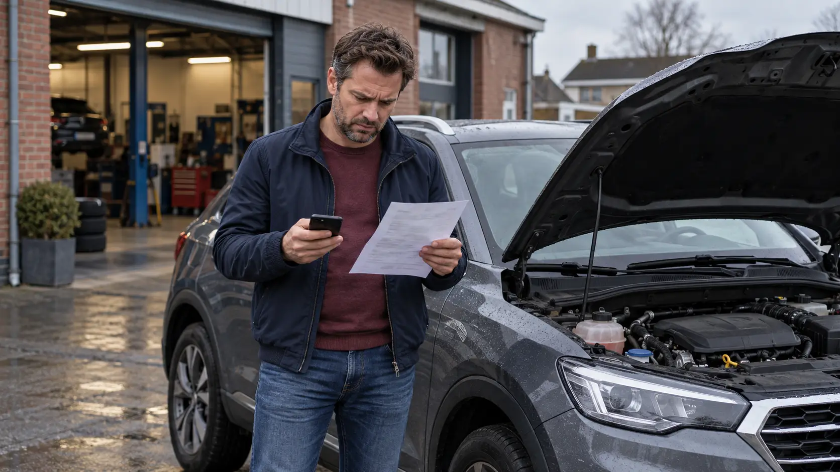 Man bij tweedehands auto met open motorkap voor een garage, met telefoon en offerte in de hand.
